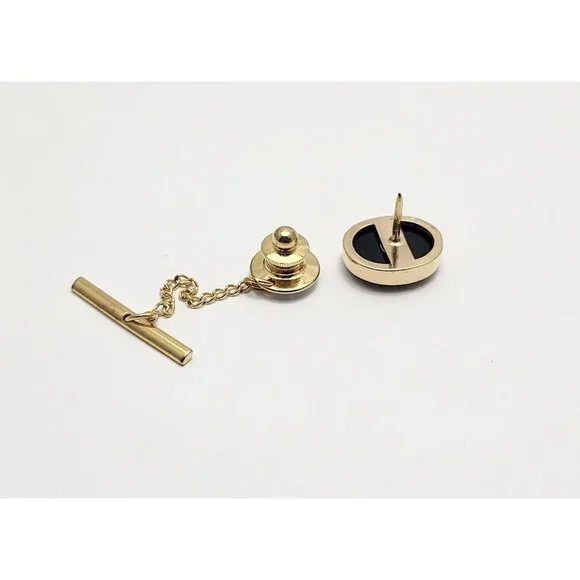 Vintage 14K Solid Yellow Gold Designer Black Onyx & Diamond Tie Tack Label Pin